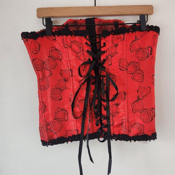 Vintage Red Roses Corset Lace Back Tie Shirley of Hollywood Women's 34 - Picture 2 of 7